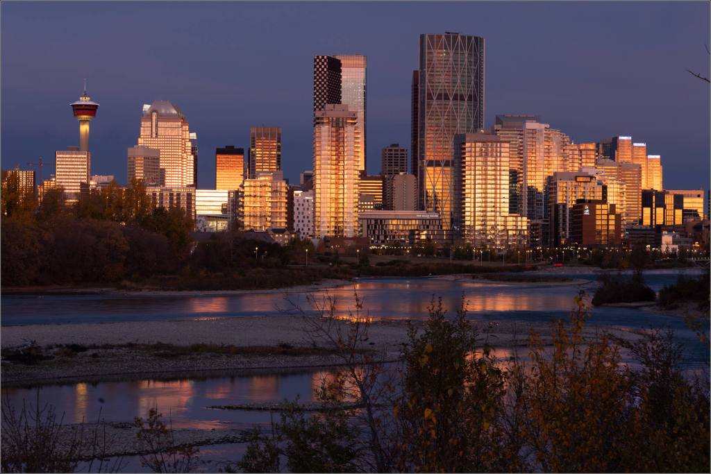 Images of Calgary's downtown from the east side of the city.  Photographed in October and November of 2021 near Inglewood in Alberta, Canada.
